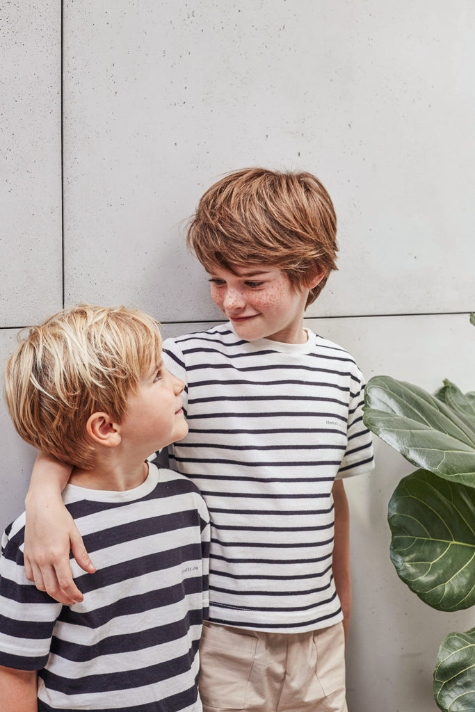 THE NATTY Logo Children's T-Shirt with Thin Stripes - Black and White